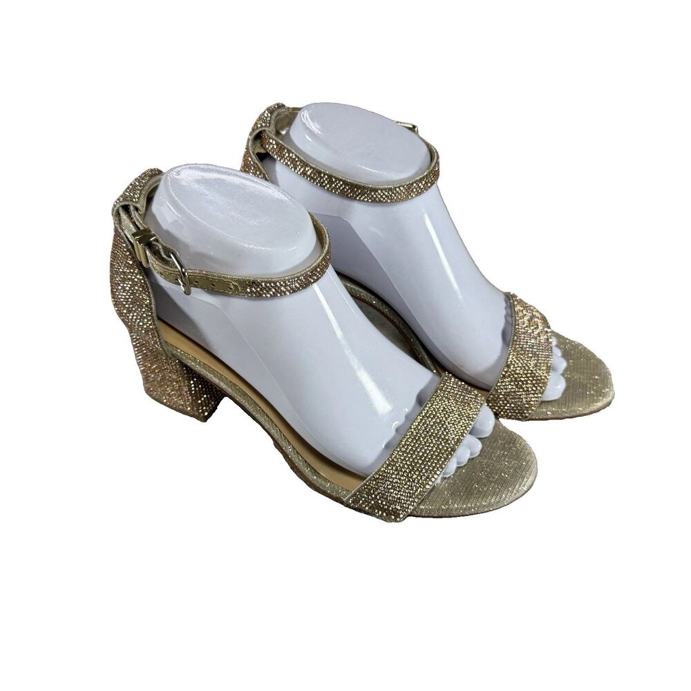 Gianni Bini Womens 8M Gold Rhinestone Block Heel Sandals Ankle Strap Sparkle